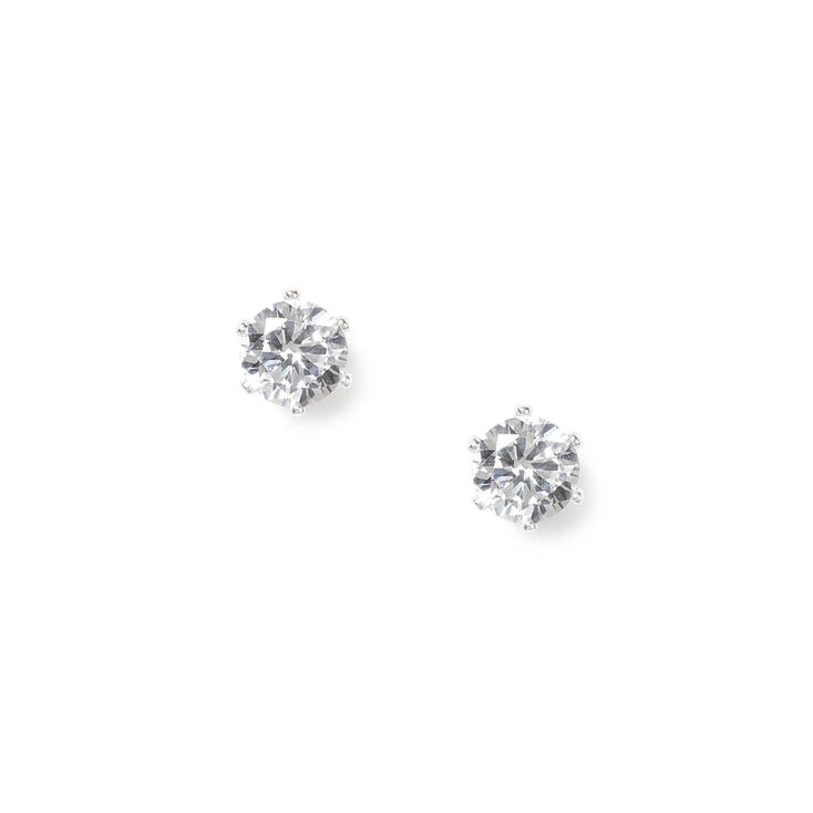 Silver-tone Cubic Zirconia Brilliant Cut 7MM Stud Earrings,