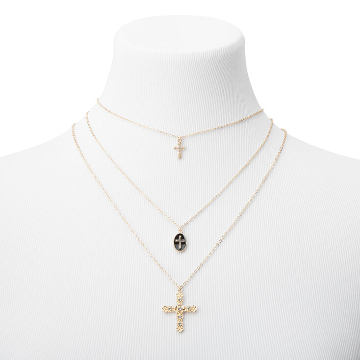 Gold-tone Cross Trio Multi-Strand Necklace,
