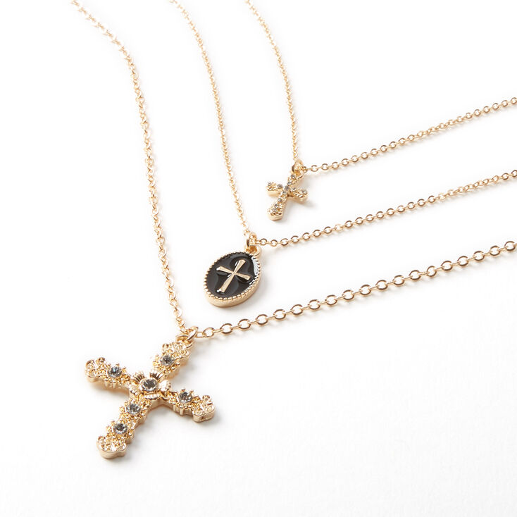 Gold-tone Cross Trio Multi-Strand Necklace,