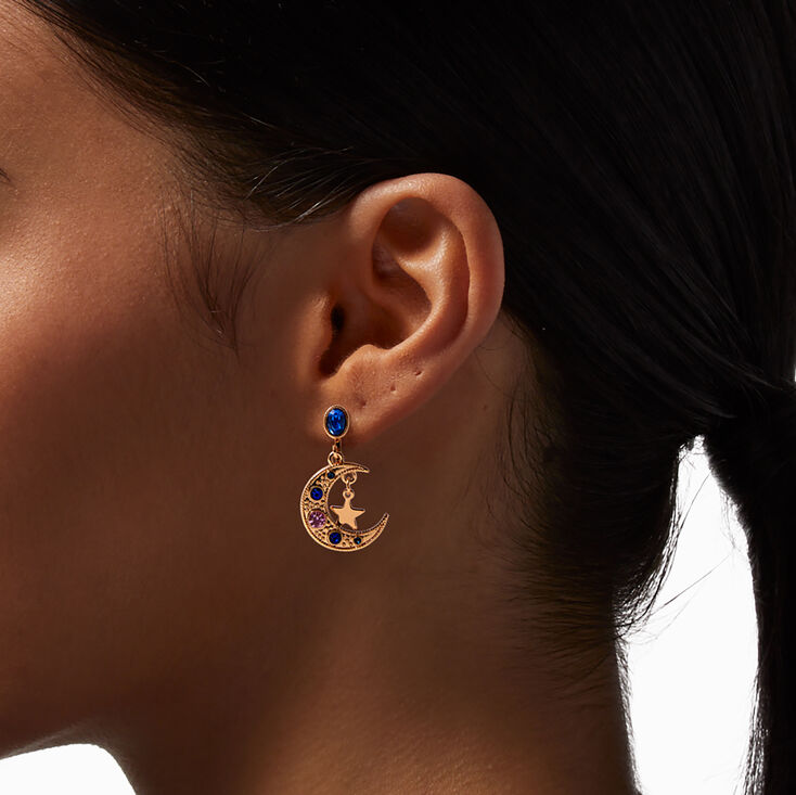 Gold 1&quot; Blue Crescent Moon Star Clip-On Drop Earrings,