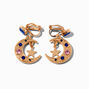 Gold 1&quot; Blue Crescent Moon Star Clip-On Drop Earrings,