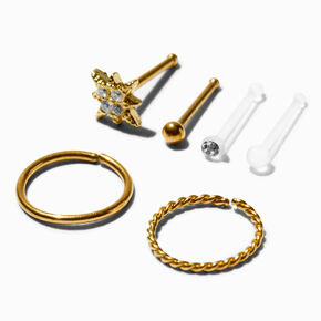 Mixed Metal Stainless Steel Starburst 20G Stud &amp; Hoop Nose Rings - 6 Pack,