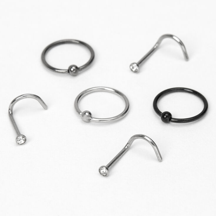 Mixed Metal Stainless Steel Ball &amp; Stone Mixed 20G Nose Rings - 6 Pack,